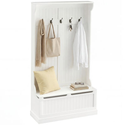 Mueble de entrada HOMCOM con banco y perchero 3 en 1, banco de almacenamiento con 5 ganchos para sala de estar o pasillo, 96x34x cm, color crema