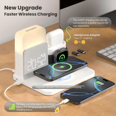 Cargador de reloj despertador MagSafe 7 en 1, estación inalámbrica para iPhone 12-16/Samsung/Xiaomi/Huawei/Apple Watch/AirPods con luz nocturna