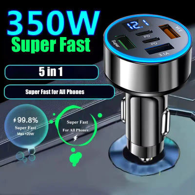 Cargador de Coche USB 5 en 1 con Pantalla de Voltaje, Puerto Dual PD, Carga Súper Rápida para iPhone, Samsung, Huawei, OPPO
