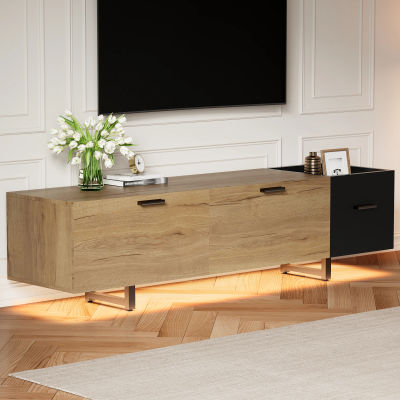 Mueble para TV con 4 cajones y compartimentos abiertos, iluminación LED – sala de estar – 180×38×49 cm – tela de madera negra
