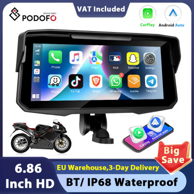 Podofo - Monitor para Motocicleta de 6.86'', Pantalla Inteligente con Carplay, Android Auto, Bluetooth, IP68, Resistente al Agua, Presión de Neumáticos, Airplay