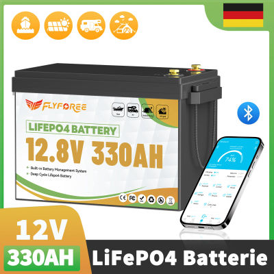 FLLYROWER-batería de litio LiFePO4 de 12V, 330Ah, con 200A BMS, Bluetooth, 8000 + ciclos, para RV, Camper, todoterreno, almacenamiento en el hogar al aire libre