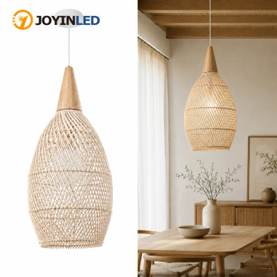 JOYINLED Lámpara Colgante de Ratán Estilo Wabi-Sabi Japonés, Lámpara Colgante Boho Tejida a Mano con Casquillo E27, Lámpara de Techo con Pantalla de Mimbre Natural para Comedor, Isla de Cocina,