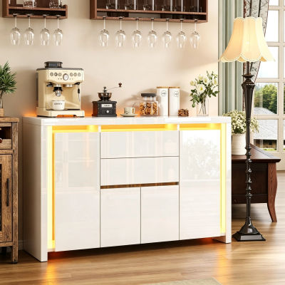 Aparador Rosahqnda, 160x35x75 cm, mueble de almacenamiento para la cocina con 4 puertas y 2 cajones, aparador de alto brillo con luces LED, fabricado en MDF, color blanco/negro.