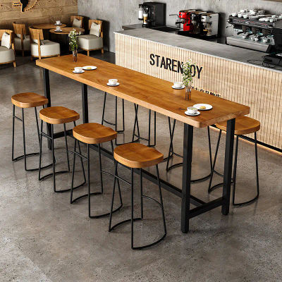 Mesa de Bar de Madera Maciza Estilo Vintage con Base de Hierro - Conjunto de Mesa Consola Larga y Taburetes para Cafetería, Muebles de Bar para Uso Comercial JT40