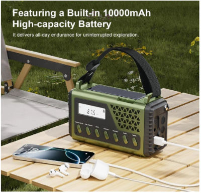 Radio de emergencia con carga de manivela con banco de energía de 10000mAh, altavoz Bluetooth AM/FM/SW, Radio de desastre, Radio opaca con carga Solar