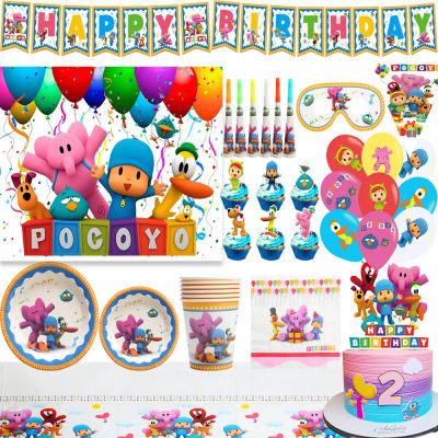 Decoración de Mesa para Fiesta de Cumpleaños de Blue y Pocoyo, Platos con Globos de Elefante de Dibujos Animados, Pancarta, Adorno para Pastel, Fondo, Accesorios para Niños y Bebés