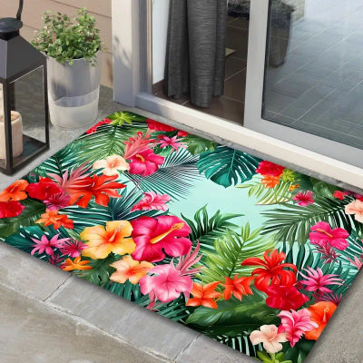 Alfombra de Entrada con Diseño de Plantas Tropicales Hawaianas, Alfombra Floral para Piso, Alfombra de Bienvenida Lavable, Alfombra para Sala de Estar, Dormitorio, Baño