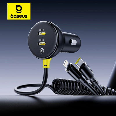 Baseus-cargador de coche de 60W, Cable de resorte retráctil PD QC SCP FCP AFC, carga rápida para iPhone, Samsung, Xiaomi, cargador de teléfono para coche