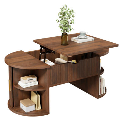 Mesa de Centro Moderna con Altura Ajustable, Estantes Abiertos, Compartimento de Almacenamiento Oculto, Puertas Corredizas, Mueble Multifuncional para Sala de Estar, Apartamentos Pequeños, Oficina en