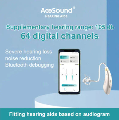 Audífonos digitales Acosound de 32-64 canales con programación de audiograma y ajuste Bluetooth para pérdida auditiva de moderada a severa.