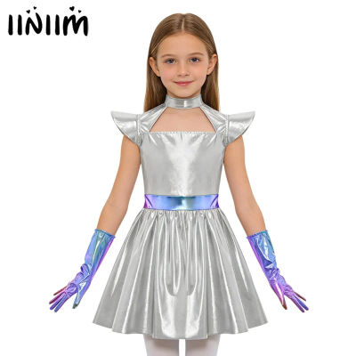 Disfraz de Cosplay de Alien para Niñas, Vestido Espacial Metálico con Cremallera Trasera, Vestido Tutú de Robot Astronauta con Volantes y 1 Par de Guantes