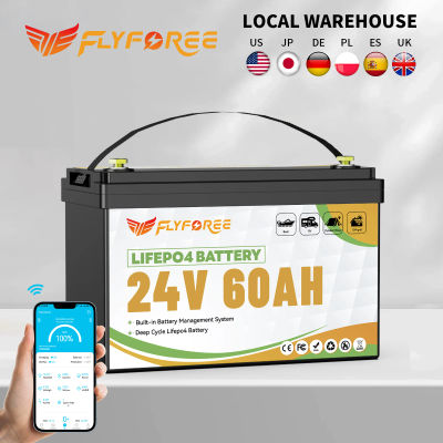 Batería FLLYROWER LiFePO4 de 24V 60AH con Bluetooth, BMS de 60A, más de 8000 ciclos, para caravanas, vehículos todoterreno, sistemas solares y eólicos fuera de la red.