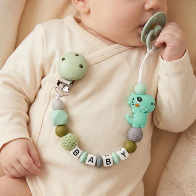 Mittsboy Clip para Chupete Personalizado con Nombre, Cadena de Silicona para Mordedor de Bebé, Soporte para Chupete con Diseño de Dinosaurio, Libre de BPA, Regalo para Baby Shower