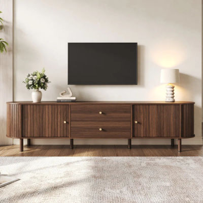Mueble para TV ovalado de 180x40x58cm con puertas correderas y 2 cajones, mueble para TV con efecto madera, mueble para TV moderno para sala de estar, mueble para TV con almacenamiento oculto cerrado