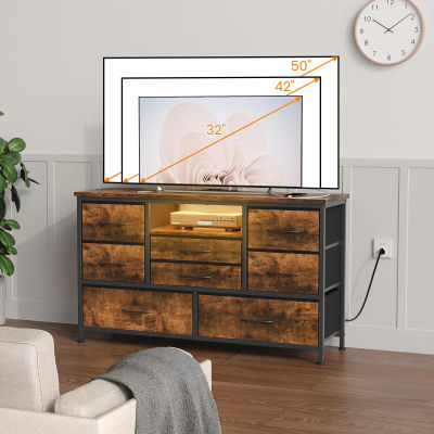 Soporte para TV LED, cómoda con 8 cajones, armario de almacenamiento con enchufes europeos, estación de carga USB, muebles para dormitorio y sala de estar