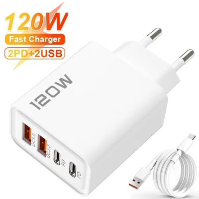 Cargador Rápido Quick Charge 3.0, Cargador Múltiple de 120W con 4 Puertos USB Tipo C PD, Adaptador de Pared para Teléfono Móvil para iPhone 16, Samsung S24, Xiaomi 15