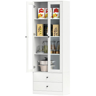 Mueble de almacenaje moderno con armario con puertas de cristal, estantes ajustables y 2 cajones, 59x30 x cm, Blanco