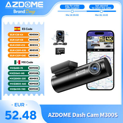 Cámara para Auto AZDOME M300S 4K Delantera y Trasera con WiFi Integrado, GPS, Control por Voz, Visión Nocturna, Monitor de Estacionamiento y Grabación en Bucle