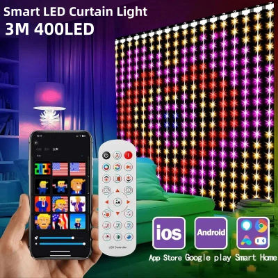 Luces de Cortina Inteligentes de 400 LED, Control Remoto por Aplicación Bluetooth, Patrón Personalizable, Luces de Hadas Musicales, Decoración Navideña para Ventanas y Dormitorios