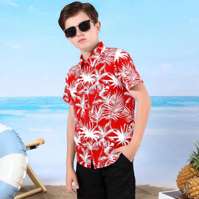 Camisa hawaiana para niños con estampado de flores y plantas, camisa de manga corta para niños, Tops para vacaciones en la playa, ropa para niños al aire libre