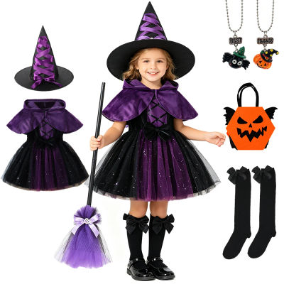 Disfraz de bruja para niñas pequeñas, vestido de tul con lentejuelas y terciopelo morado, con capa con capucha, disfraz de fantasma para bebés, ideal para Halloween y fiestas de disfraces.