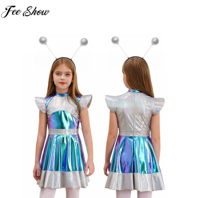 Disfraz de Astronauta Robot Alienígena para Niñas, Vestido Metálico Brillante para Cosplay, Disfraz de Halloween, Fiesta Temática, Carnaval
