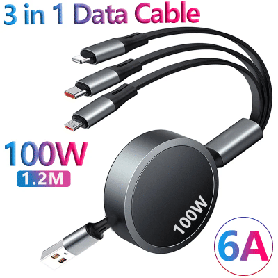 Cargador rápido USB retráctil 3 en 1 USB C 6A 100W para iPhone 13 14 12 11 Pro X Max tipo C/micro cargador rápido para Huawei Samsung