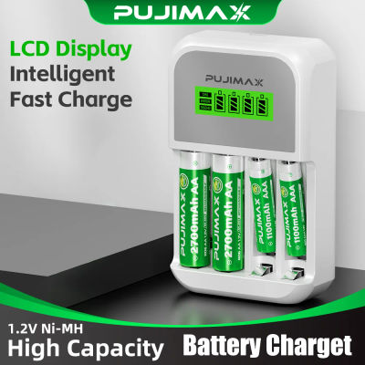 PUJIMAX-cargador de batería inteligente con pantalla LCD, 4 ranuras, para pilas recargables AA/AAA NiCd NiMh, carga rápida con Cable