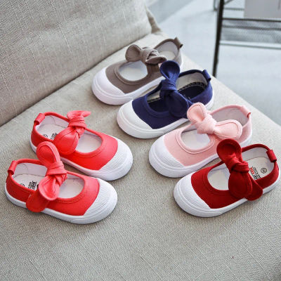 Moda de estilo coreano para niños, zapatos de lona a la moda para chicas, zapatos informales con lazo versátil para bebés, pajarita clásica Simple de Color caramelo