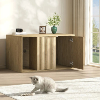 Mueble para gatos, un gabinete oculto para caja de arena de 90 centímetros de ancho con un diseño multifuncional, que incluye una caja de arena espaciosa y una función de mesa auxiliar. Está decorado