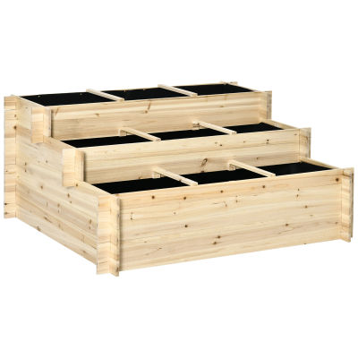 Outsunny Jardinera de Madera de 3 Niveles Escaleras de Huerto Urbano con Tela Geotextil para Cultivos Plantas Flores para Jardín