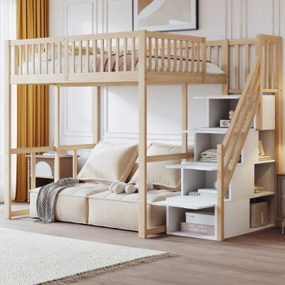 Cama Alta de Madera de Pino Maciza de 140x200cm con Escalera de Seguridad y Barandilla de Protección, Cama Elevada Tipo Loft Adecuada para Niños, Adolescentes y Adultos, Muebles de Dormitorio de