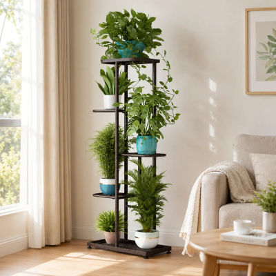 Soporte Metálico de 5 Niveles para 6 Macetas, Exhibidor de Macetas para Interiores y Exteriores, Estante Esquinero para Plantas que Ahorra Espacio, para Balcón o Patio