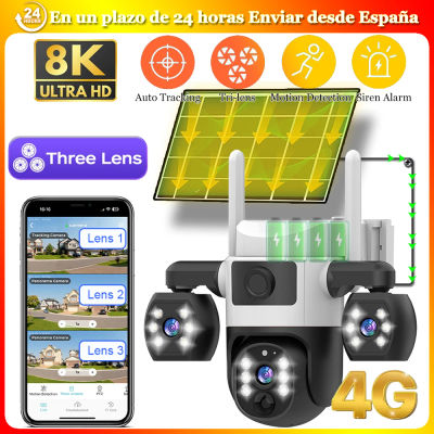 Cámaras Solares 4G con 3 Lentes, 3 Ángulos de Monitoreo, Impermeables para Exteriores, Protección de Seguridad, Seguimiento Automático Inalámbrico, Monitor PTZ, Vigilancia 360, Vigilancia Remota IP
