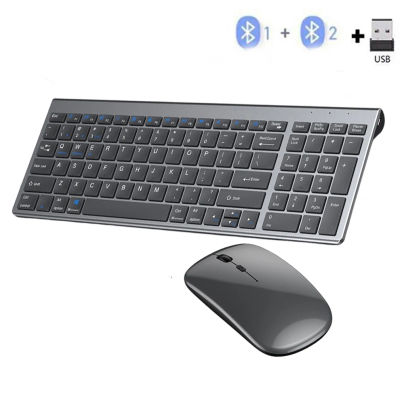 Teclado inalámbrico gris Bluetooth 5,0 y 2,4G, combinación de ratón, teclado inalámbrico recargable de tamaño completo para portátil