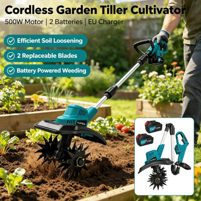 Cultivador de Jardín Inalámbrico, Rotocultivador Eléctrico de 21V, 500W, 800 RPM, con 2 Baterías y Cargador EU, para Remover la Tierra y Desherbar