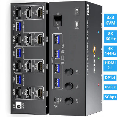 Conmutador KVM 3/2 Monitores 3 Computadoras 8K@60Hz, Triple Monitor HDMI Displayport/Monitor Dual Pantalla Mixta KVM con 4 Puertos USB 3.0