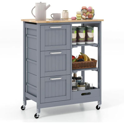 Carrito de Cocina con Bandeja, Estantes y 3 Cajones Grandes, Mueble de Cocina Rodante, Isla de Cocina Hecha de Madera de Caucho
