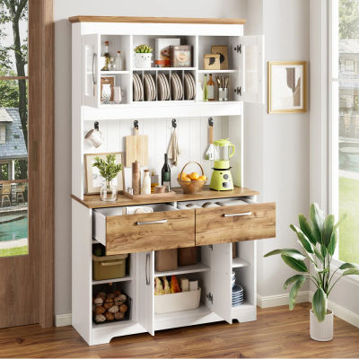 Mueble de Cocina Moderno Grande de 106×39×176.5cm, Armario de Almacenamiento con Vitrina, 2 Cajones, Puertas Cerradas y Barra para Colgar, Mueble Organizador Multifuncional Independiente, Armario de