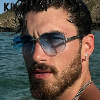 Gafas de Sol Rectangulares Sin Montura para Hombre, Diseño de Lujo 2026, Gafas de Sol Cuadradas Geométricas Vintage, Gafas de Sol Retro Punk para Conducir