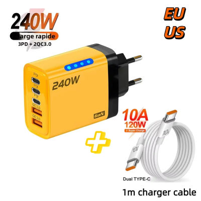 Cargador rápido USB C GaN de 240W con luz LED tipo C cargador de carga de teléfono multipuerto para iPhone 16 15 pro Samsung Huawei Xiaomi