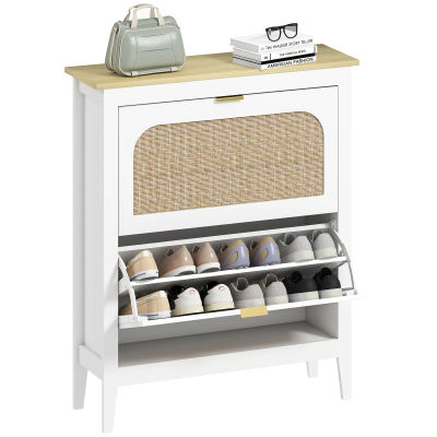 Mueble zapatero HOMCOM para 14 pares, zapatero estrecho estilo bohemio con 2 cajones, efecto mimbre, puertas de ratán