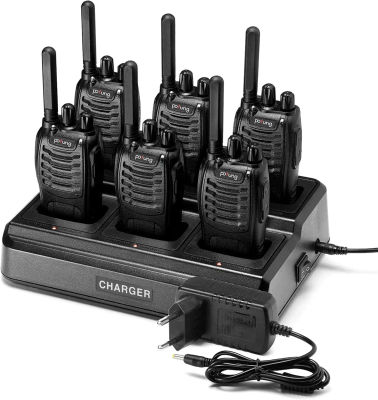 PMR446 Walkie Talkie 6PCS Pofung PT88E Radio bidireccional 16 canales VOX con auriculares con cargador de 6 vías