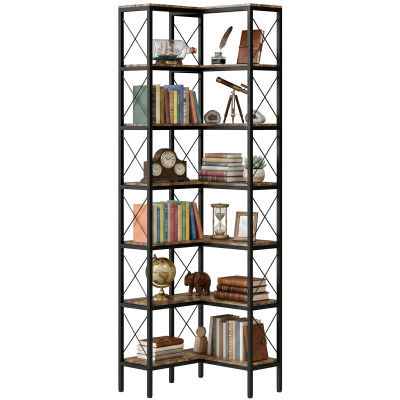 HOMCOM Estantería esquinera de 6 niveles, Mueble de almacenamiento metálico para salón, dormitorio, escritorio, 60x60x cm, marrón rústico