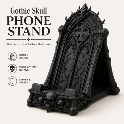 Soporte para Teléfono con Diseño de Calavera Gótica, Soporte de Escritorio de Estilo Gótico Oscuro, con Detalles de Calaveras y Espinas, Soporte Decorativo para Teléfono