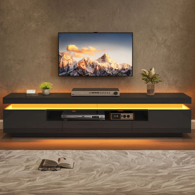 Mueble de TV Moderno de Alto Brillo, 175×38×45cm, Consola de Entretenimiento Semiabierta con 2 Gabinetes de Almacenamiento en Forma de L y 1 Cajón Funcional, Elegante Mueble para Televisor Compatible