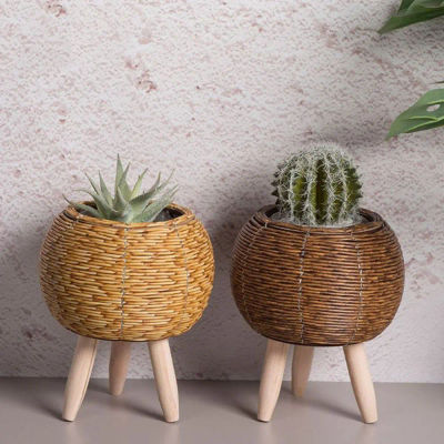 Maceta tejida de ratán a la moda, maceteros creativos con patas extraíbles, soporte duradero para plantas tejidas a mano