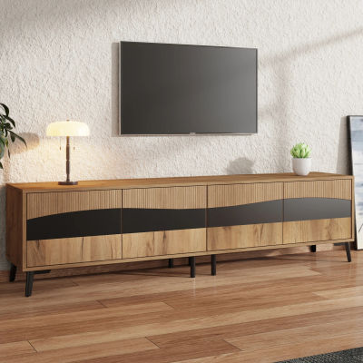 Mueble para TV de 180x40x50cm, color madera + soporte para TV empalmado negro, mueble para TV con 4 gabinetes, mueble para sala de estar con 8 patas de soporte