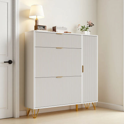 Roshanda - Mueble estrecho para guardar zapatos, organizador para entrada con cajones abatibles, MDF blanco y patas doradas, para sala de estar